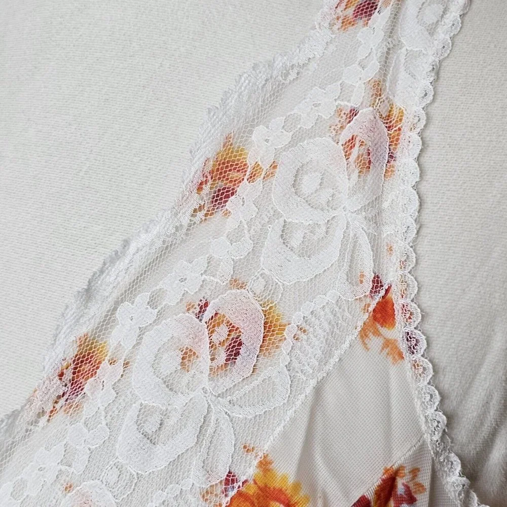 VTG Sheer‎ White Orange Floral Full Slip Sz M Lace Trim Poland 60s 70s Nylon